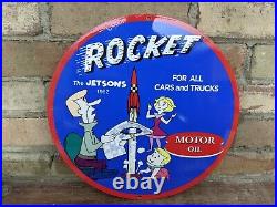 Old Vintage Rocket Motor Oil Porcelain Enamel Gas Station Pump Metal Sign 12