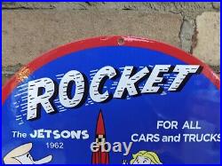 Old Vintage Rocket Motor Oil Porcelain Enamel Gas Station Pump Metal Sign 12