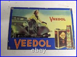 Old Vintage Veedol Motor Oil Gasoline Porcelain Enamel Gas Station Pump Sign