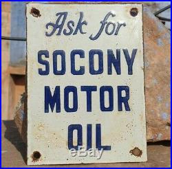 Original 1930's Old Vintage Rare SOCONY Motor Oil Porcelain Enamel Sign Board