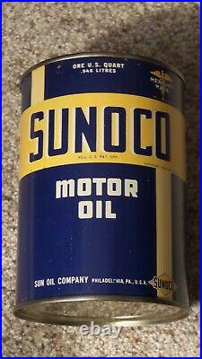 Original 1930's SUNOCO One Quart Metal Motor Oil Can Gas Sign FULLNOS