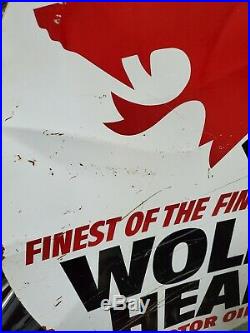 Original 1971 Wolf's Head Motor Oil Oval Steel 2-sided sign 30x23 Gas Station