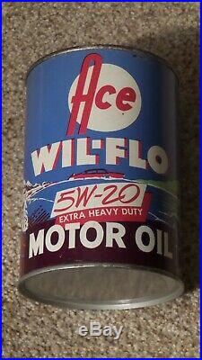 Original Ace Wil-Flo One Quart Motor Oil Can Metal Gas Sign FULLNOSMINTY