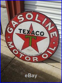 Original Antique Texaco Gasoline Motor Oil Porcelain Sign 42 Double Sided Real