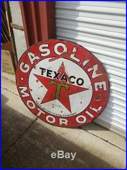 Original Antique Texaco Gasoline Motor Oil Porcelain Sign 42 Double Sided Real
