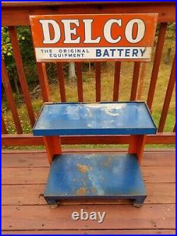 Original Delco Battery Metal Sign Display Rack Motor Oil Spark Plug Vintage