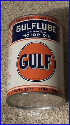 Original GULF One Quart Motor Oil Can Metal Gas Sign FULLNOSMINTY
