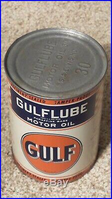 Original GULF One Quart Motor Oil Can Metal Gas Sign FULLNOSMINTY