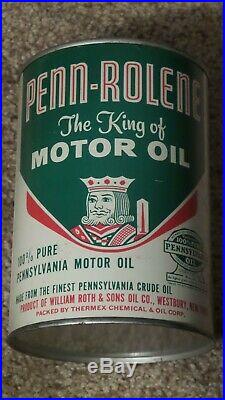 Original KING Penn-Rolene One Quart Motor Oil Can Metal Gas Sign FULLNOSMINTY