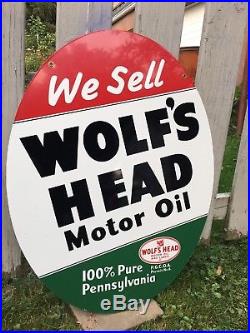 Original Oval Wolf's Head Motor Oil Sign Not Porcelain