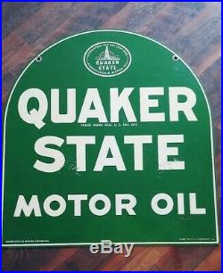 Original Porcelain Quaker State Motor Oil Double Sided Gas Station 29 Sign VG
