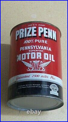 Original Prize Penn One Quart Motor Oil Can Metal Gas Sign FULLNOSRARE