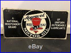 Original Red Hat Motor Oil Can Rack Sign Tin Non Porcelain