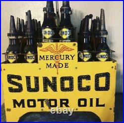 Original SUNOCO Motor Oil Porcelain Sign Lighted Oil Rack With Bottles Gas & Oil