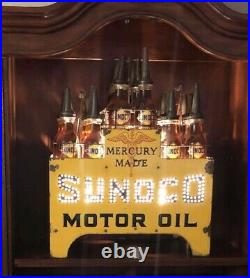 Original SUNOCO Motor Oil Porcelain Sign Lighted Oil Rack With Bottles Gas & Oil