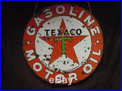 Original Texaco Gasoline Motor Oil Porcelain Double Sided Sign 42