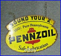 Original Vintage 1940's Pennzoil Motor Oil 2 Sided 31 Porcelain and Metal Sign