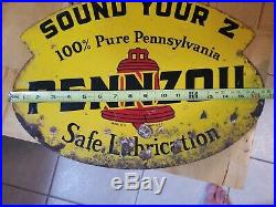 Original Vintage 1947 Pennzoil Motor Oil Gas Station 2 Sided Metal Sign