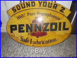 Original Vintage 1957 Pennzoil Motor Oil Gas Station 2 Sided 31 Metal Sign