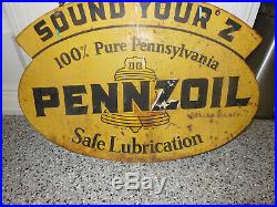 Original Vintage 1957 Pennzoil Motor Oil Gas Station 2 Sided 31 Metal Sign