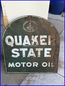 Original Vintage 1973 Quaker State Motor Oil Gas Station 2 Sided 29 Metal Sign