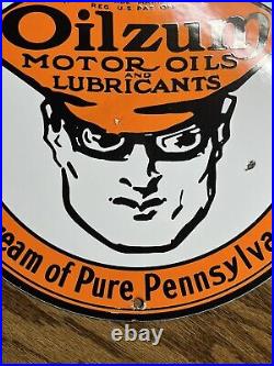 Original Vintage Oilzum Motor Oils Sign Gasoline Lube Porcelain Gas Pump Sign