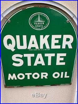 Original Vintage Quaker State Motor Oil 2 Sided Gas Station Metal Sign WithStand