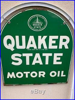 Original Vintage Quaker State Motor Oil 2 Sided Gas Station Metal Sign WithStand