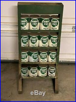 Original Vintage Quaker State Motor Oil Can Rack WITH OIL Stand Metal Sign Gas