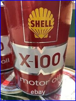 Original Vintage Shell X-100 One Quart Motor Oil Can Metal Gas Sign FULLNOS