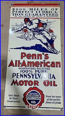 Penn's American Motor Oil Porcelain Enamel Sign 48 X 24 Inches