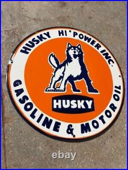 Porcelain Husky Gasoline Motor Oil Enamel Sign 36 Inches Double Sided