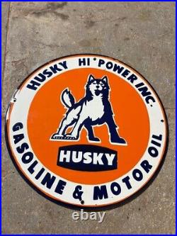 Porcelain Husky Gasoline Motor Oil Enamel Sign 36 Inches Double Sided