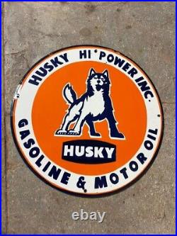 Porcelain Husky Gasoline Motor Oil Enamel Sign 36 Inches Double Sided