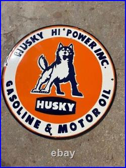 Porcelain Husky Gasoline Motor Oil Enamel Sign 36 Inches Double Sided