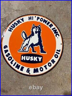 Porcelain Husky Gasoline Motor Oil Enamel Sign 36 Inches Double Sided