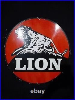 Porcelain Lion Gasoline & Motor Oil Enamel Sign Size 30 Inches Double Sided