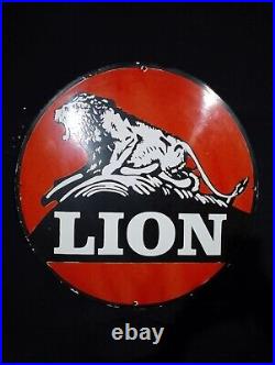 Porcelain Lion Gasoline & Motor Oil Enamel Sign Size 30x30 Inches