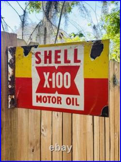 Porcelain Shell Motor Oil Double Sided Flange Advertising Sign 16 In