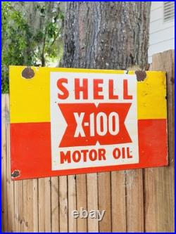 Porcelain Shell Motor Oil Double Sided Flange Advertising Sign 16 In