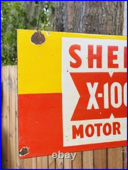 Porcelain Shell Motor Oil Double Sided Flange Advertising Sign 16 In