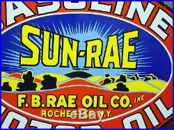 Porcelain Sign Sun-rae Gasoline Motor Oil F B Rae Oil Co Rochester N. Y. 24 X16
