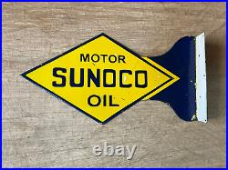 Porcelain Sunoco Motor Oil Enamel Sign Size 24 x 13 Inches 2 Sided Flange