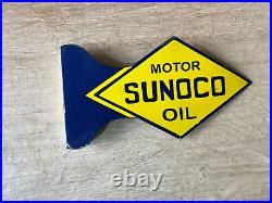 Porcelain Sunoco Motor Oil Enamel Sign Size 24 x 13 Inches 2 Sided Flange