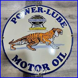 Powerlube Motor Oil Porcelain Enamel Sign 30 Inches Round