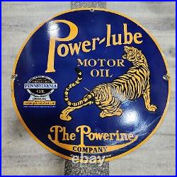 Powerlube Motor Oil Porcelain Enamel Sign 30 Inches Round