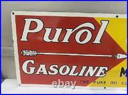 Purol Motor Oil Gasoline Porcelain Enamel Sign 36 x 15 Inches 1 Sided