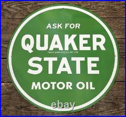 QUAKER STATE Motor Oil 24 Circular Vintage One-Sided Porcelain Garage Sign