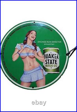 Quaker State Motor Oil Porcelain Pinup Babe Garage Oil Gas Pump Service Ad Sign