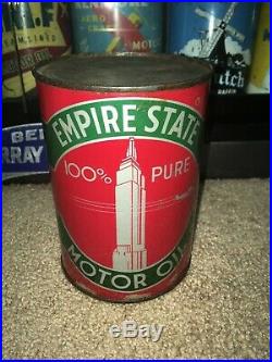 RARE Empire State METAL Graphic Motor Oil Can Qt Gas Sign Old Vintage Original